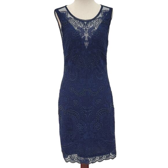 NWT Women's Navy Blue Scoop Neck Short Dress with Beautiful Detailed Overlay - Picture 1 of 6